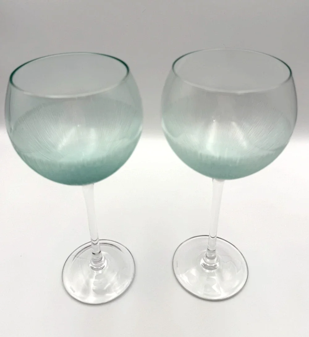 2 Signed Lenox Aqua Blue Balloon Wine Glasses Sheer Rim Vertical Etched Lines